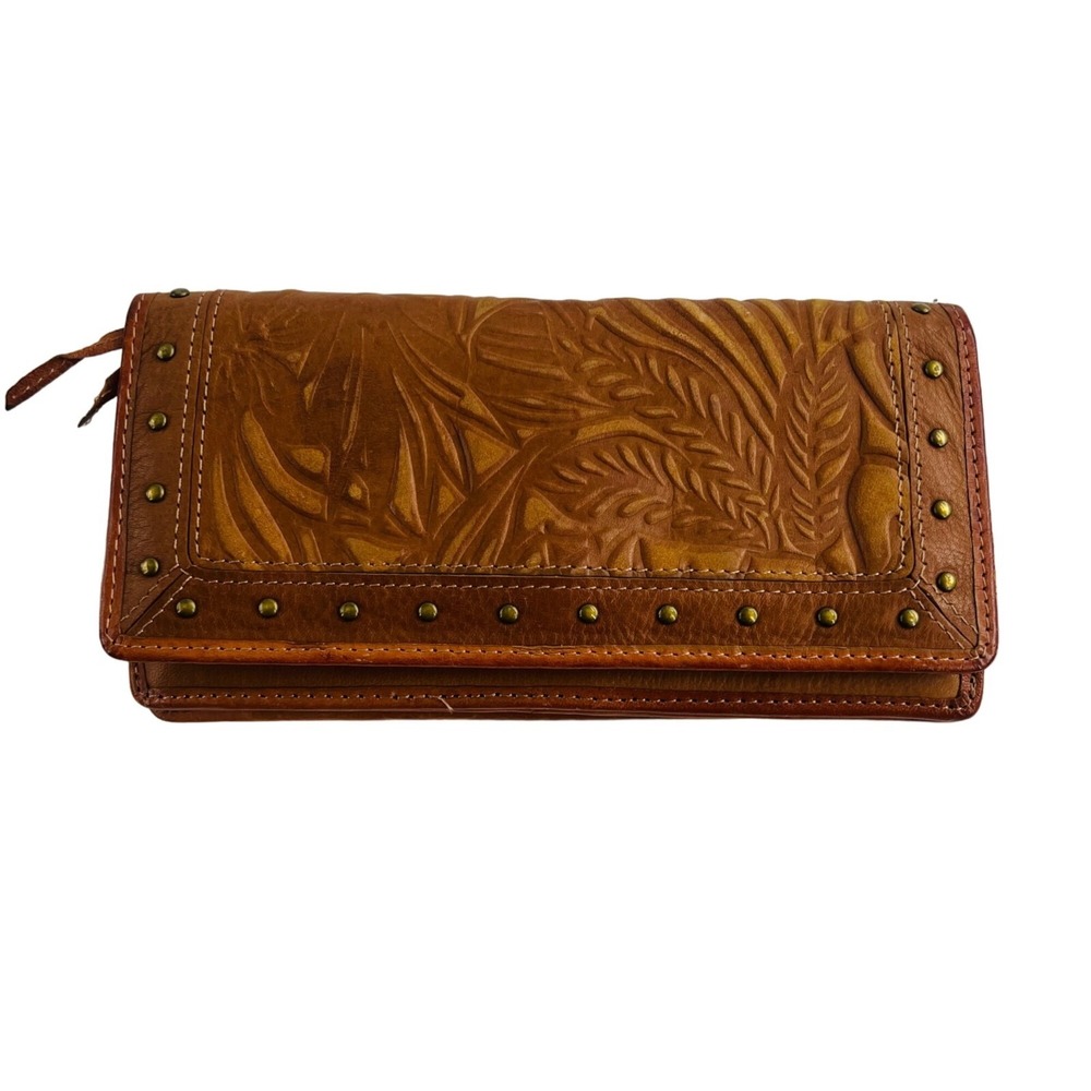 Geniune Leather Tooled Leather Wallet Credit Card Slots‎ Camel Tan
